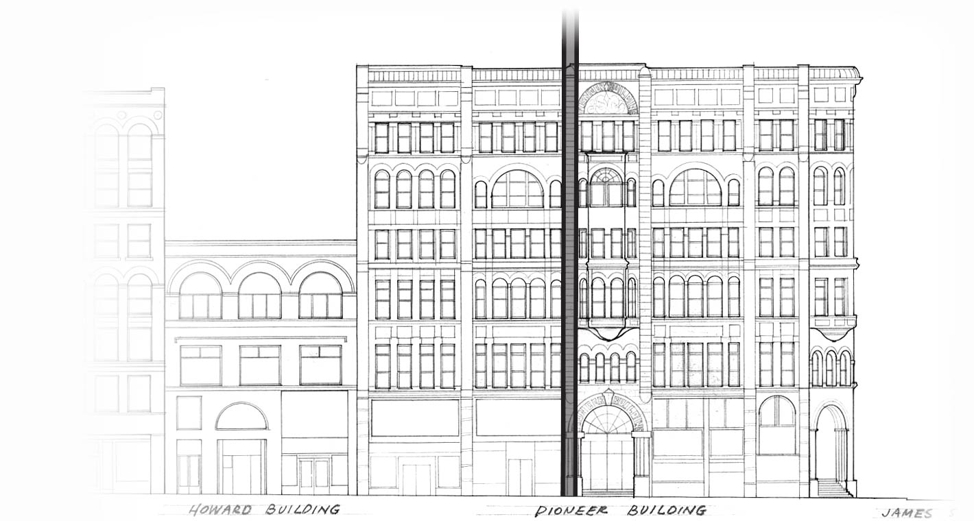 Illustration of the Pioneer Building with firewall to the left of the entrance